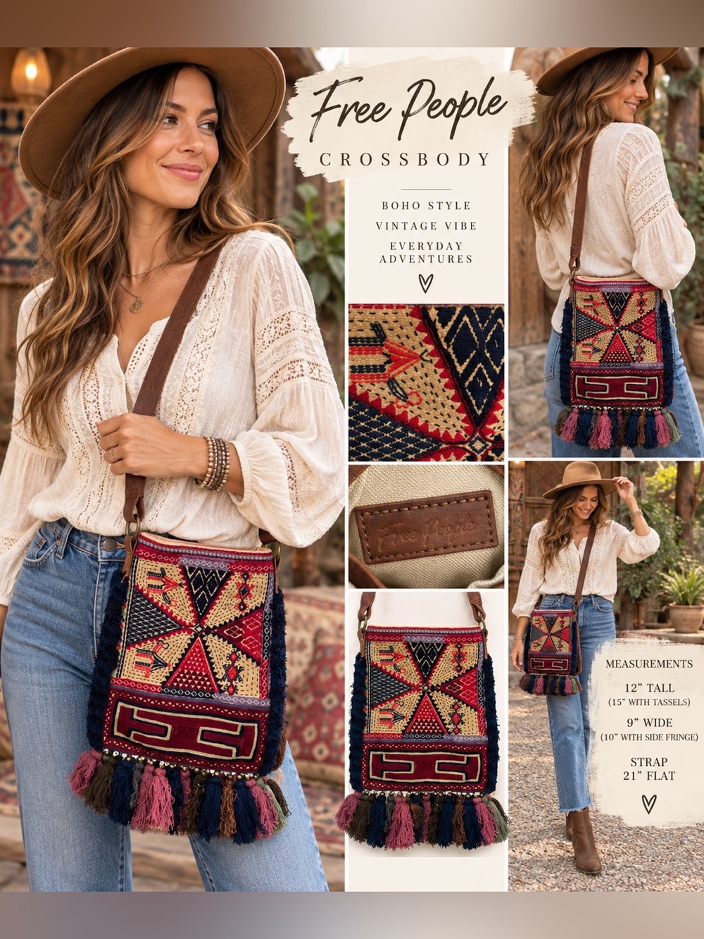 Free People Tribal Kantha Tapestry Tassel Fringe Boho Embroidered Crossbody Bag
